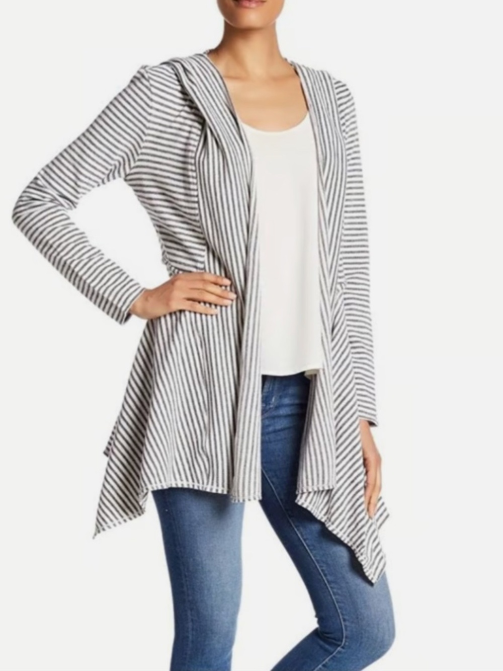 Max Studio Womens 1X Navy White Stripe Cotton Knit Waterfall Hooded Cardigan Top